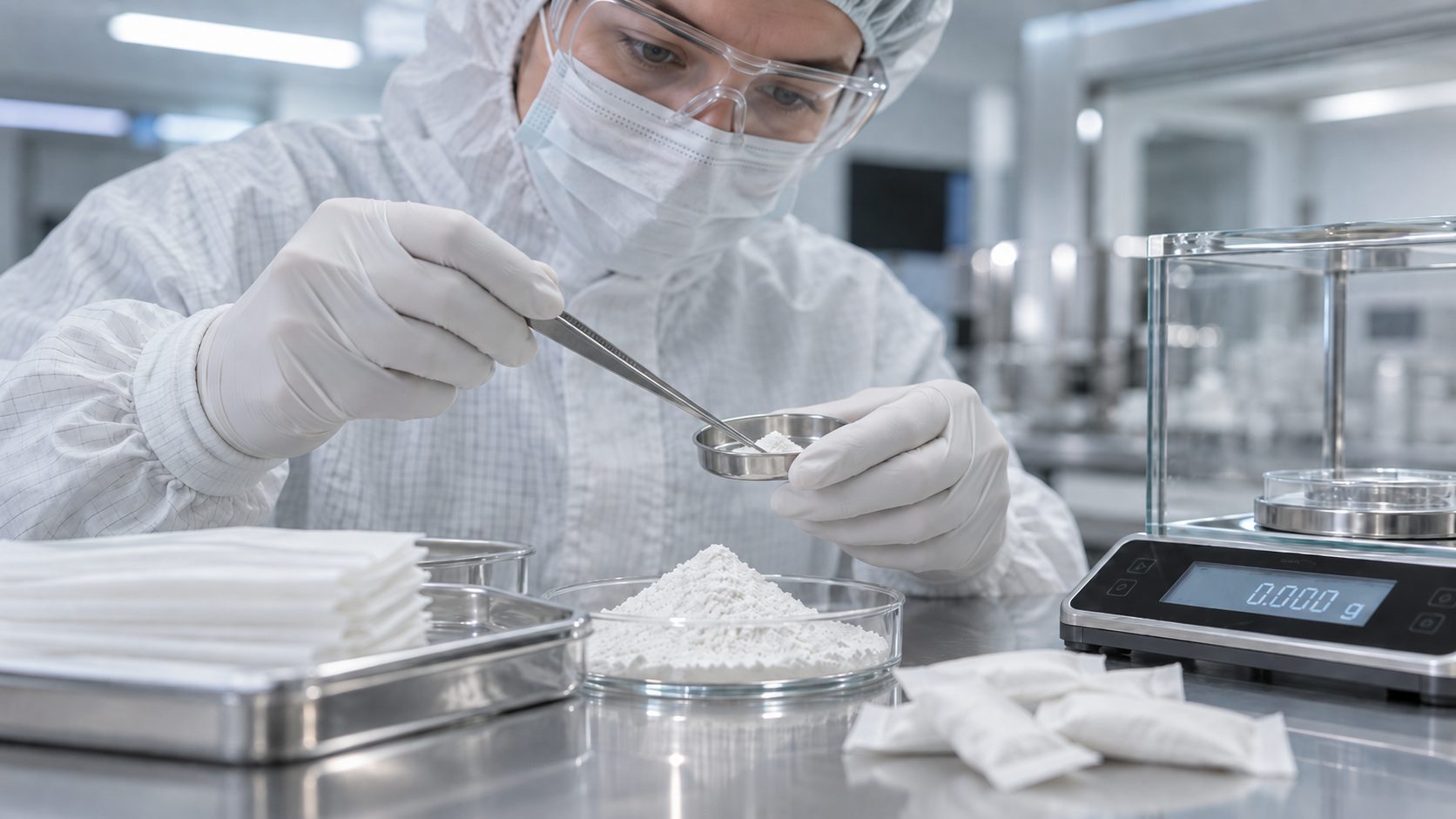 A Tough Code lab technician weighing ingredients