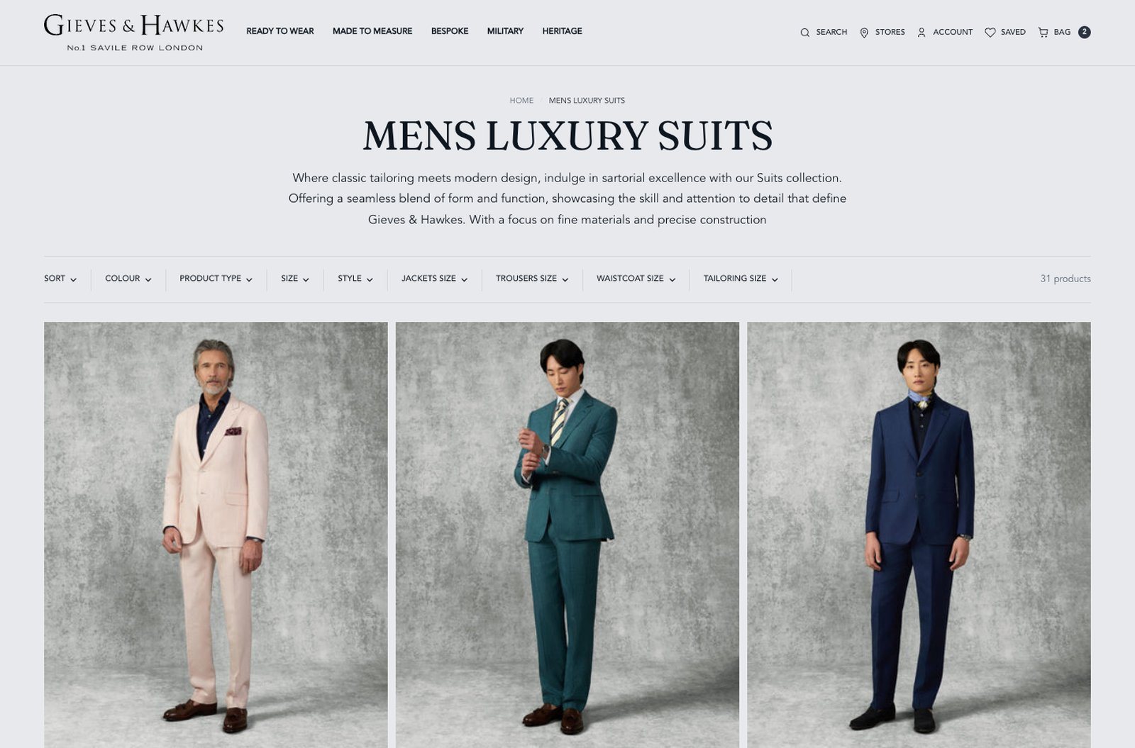 The Gieves & Hawkes suit collection page, built by Webgro on Shopify