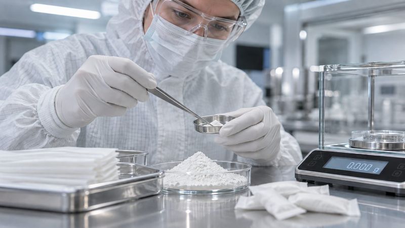 A Tough Code lab technician weighing ingredients