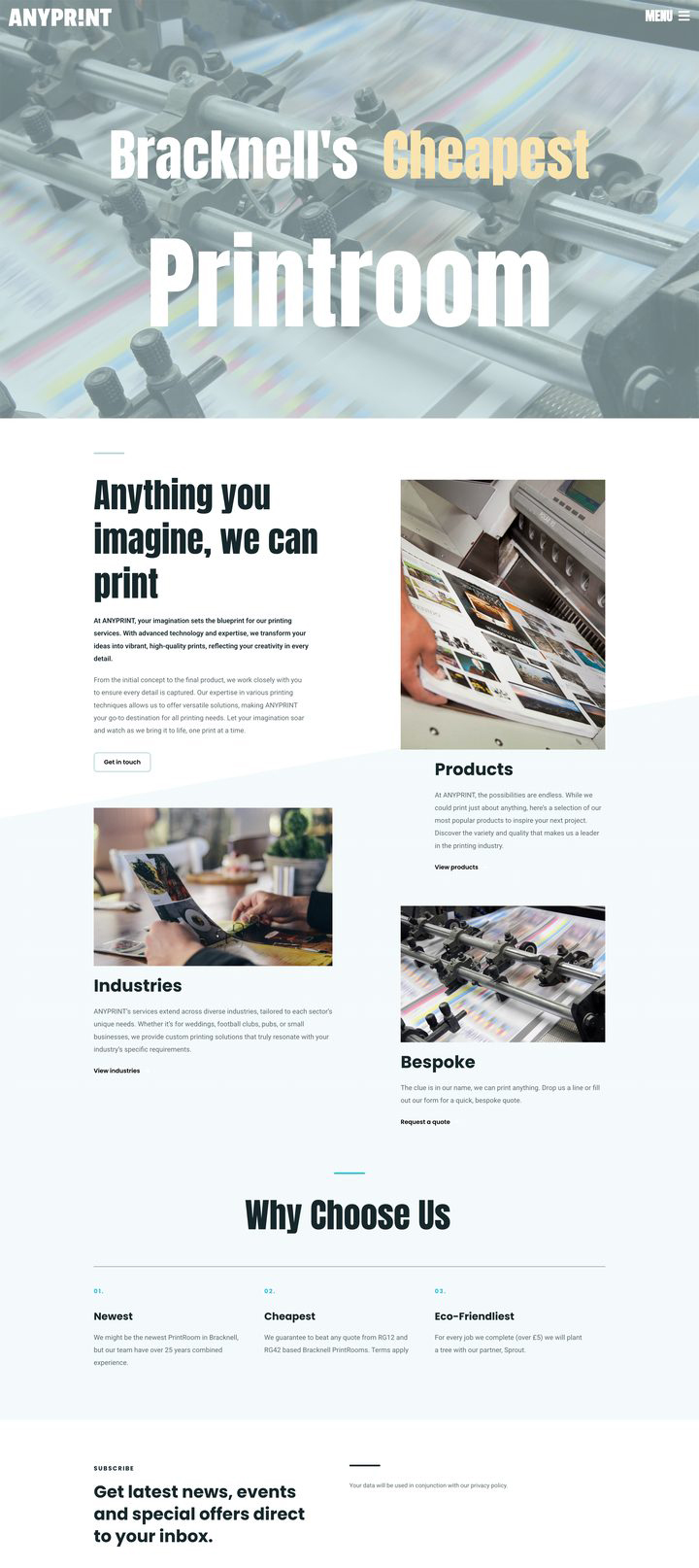 ANYPRINT site before the rebuild, full page screenshot
