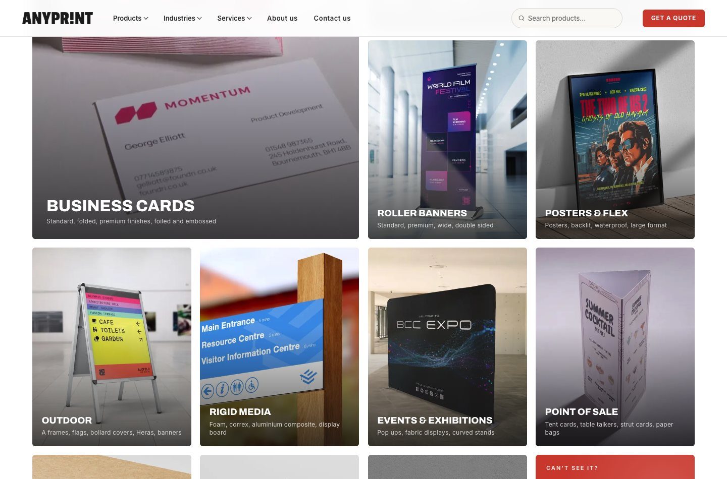 ANYPRINT homepage product categories