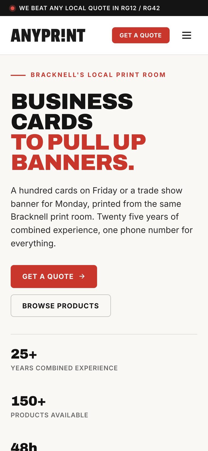ANYPRINT homepage on a phone