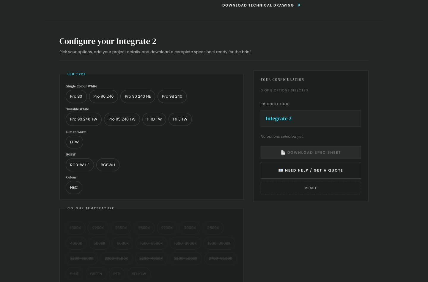 Architectural FX configurator for Integrate 2, with LED type options and a spec sheet download
