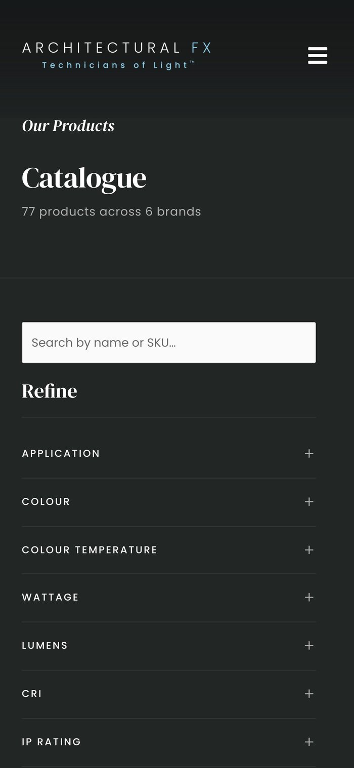 Architectural FX products page on a phone