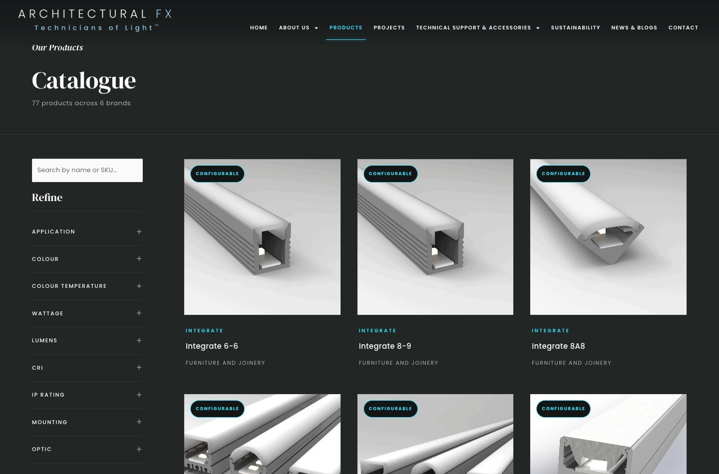 Architectural FX products page with search and filters