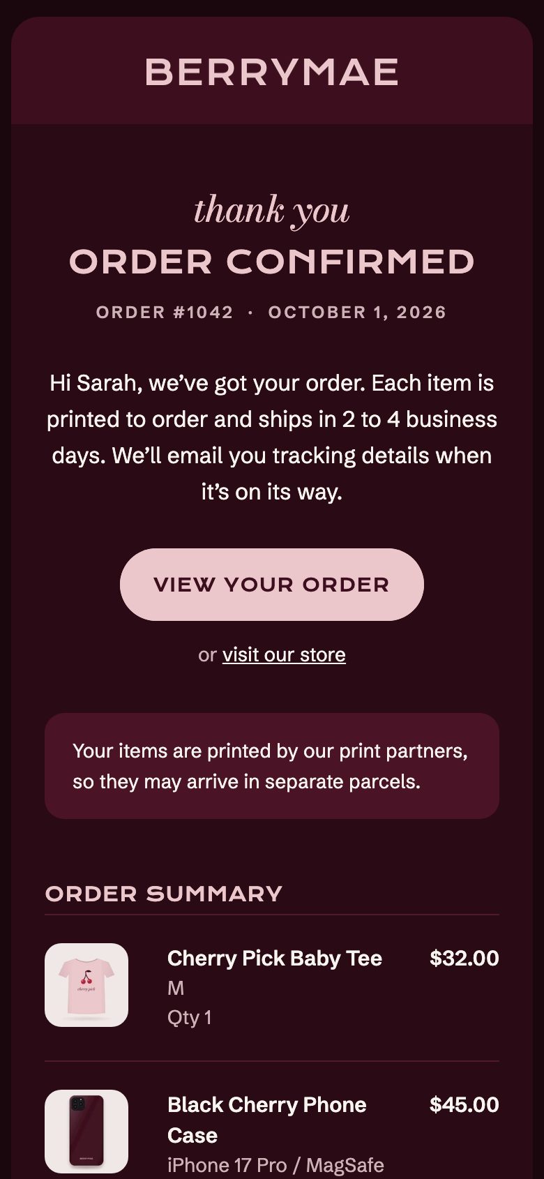 The same BerryMae order confirmation email in dark mode