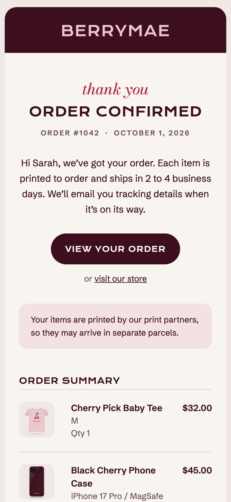 BerryMae order confirmation email in light mode, with the wordmark on black cherry and an order summary