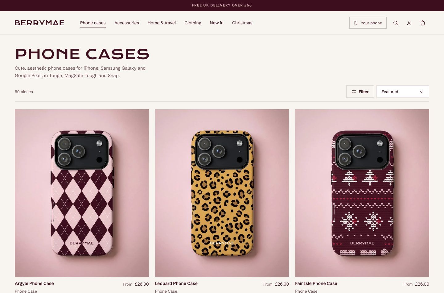 BerryMae phone cases collection page showing argyle, leopard and Fair Isle designs