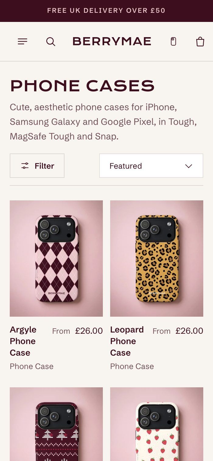 BerryMae phone cases collection page on a phone