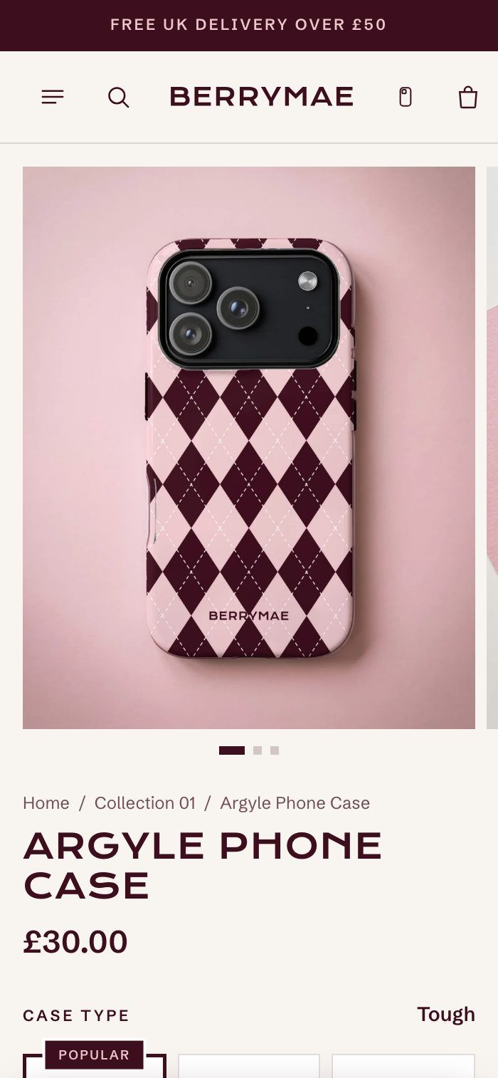 BerryMae Argyle Phone Case product page on a phone