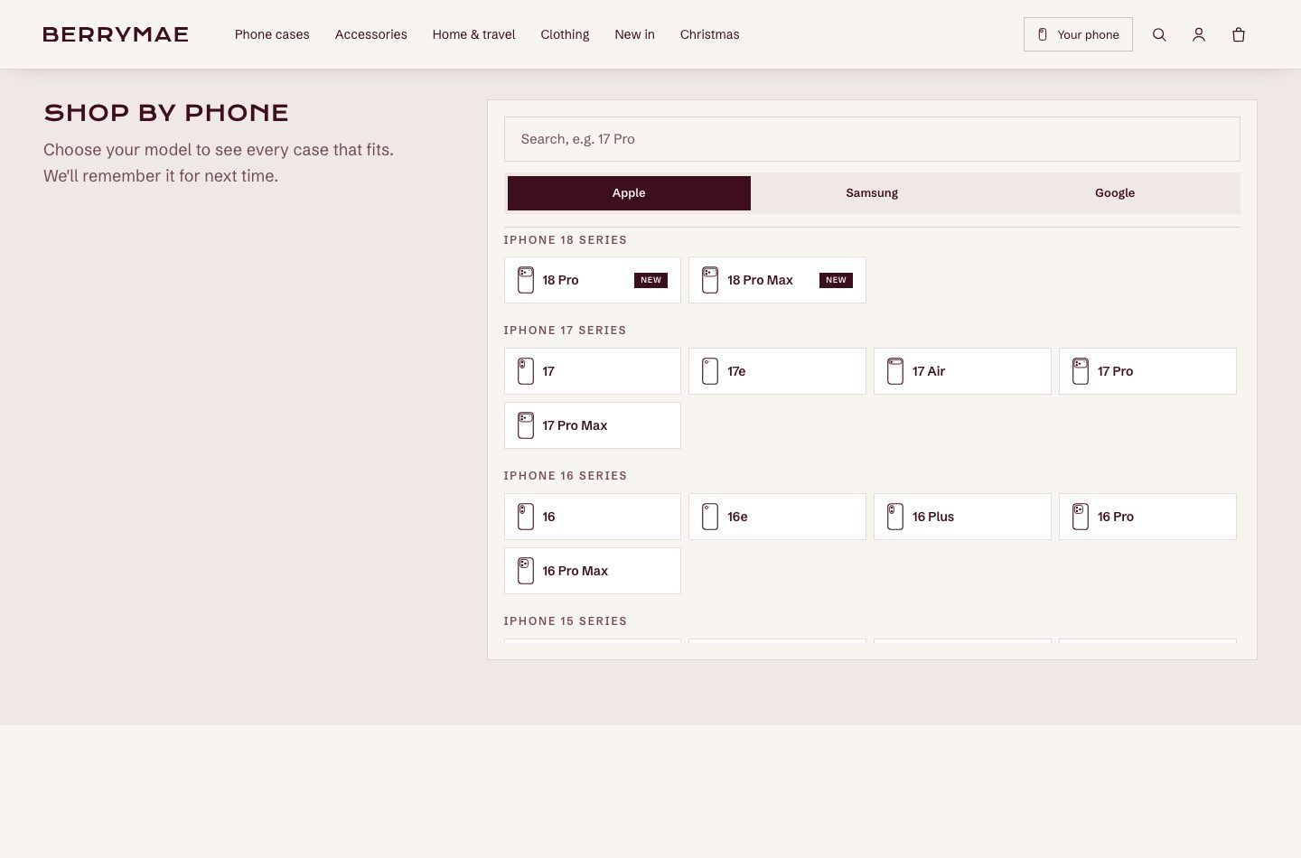 BerryMae shop by phone picker, with a search box, Apple, Samsung and Google tabs, and iPhone models grouped by series