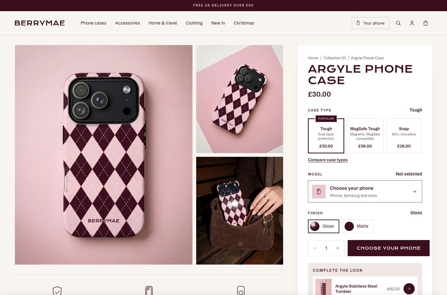 BerryMae Argyle Phone Case product page, with case type, phone model and finish options