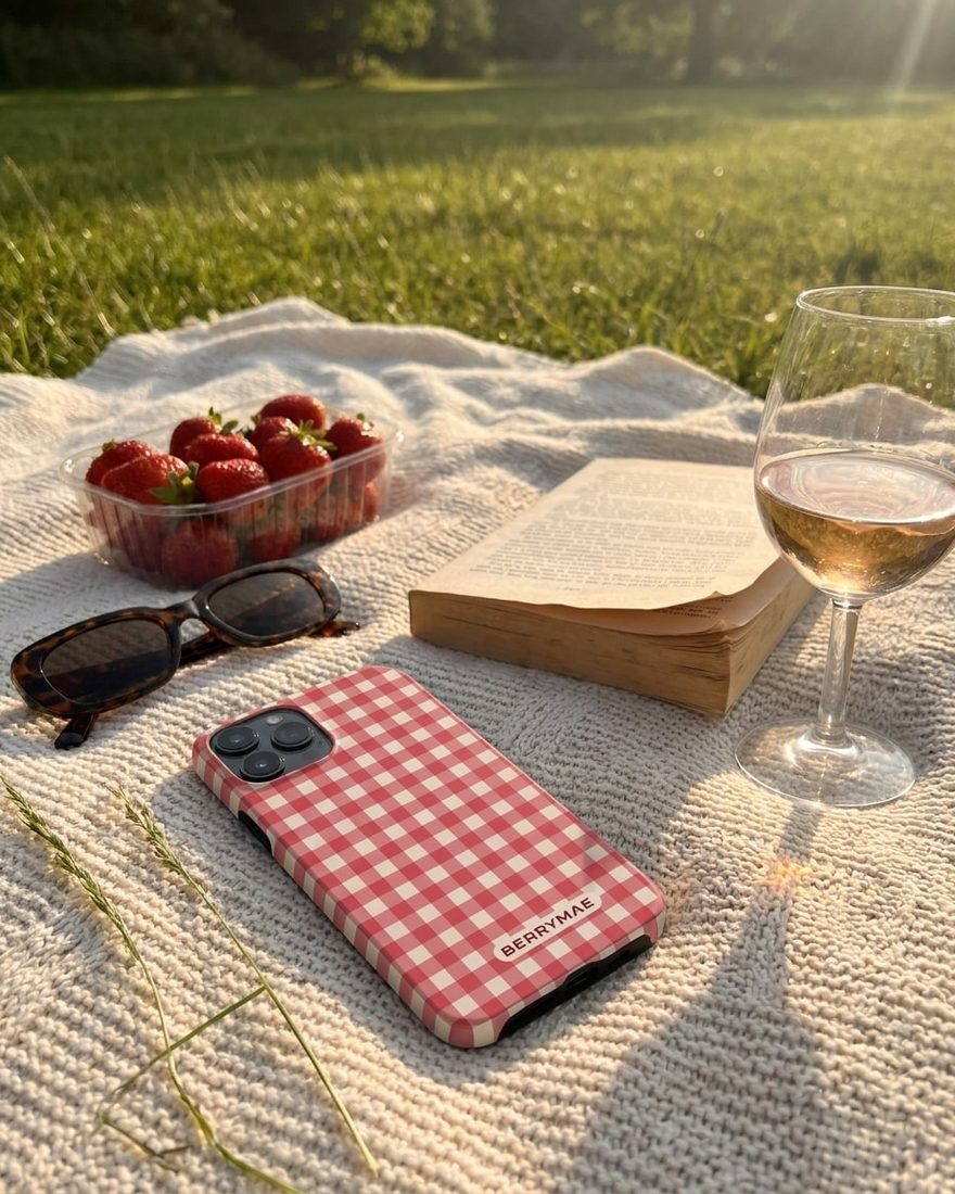 A BerryMae social post showing a red gingham phone case on a picnic blanket with strawberries and a glass of wine
