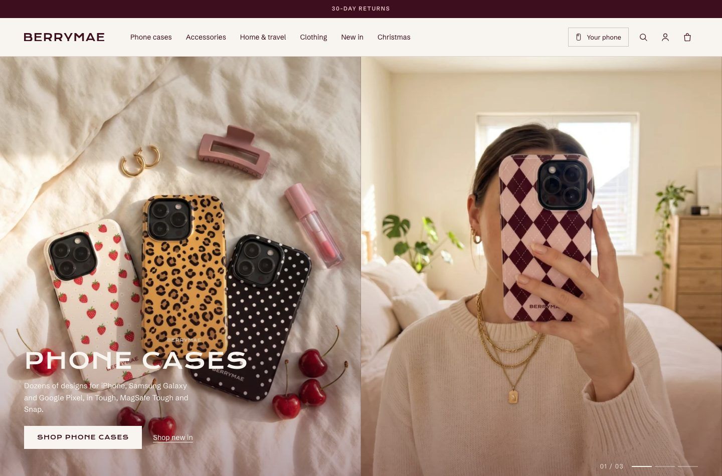 BerryMae homepage, with a phone cases banner and the navigation in black cherry on ivory