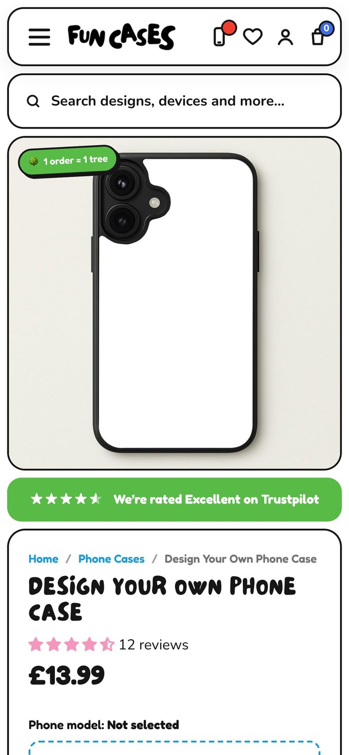 Fun Cases product page on a phone
