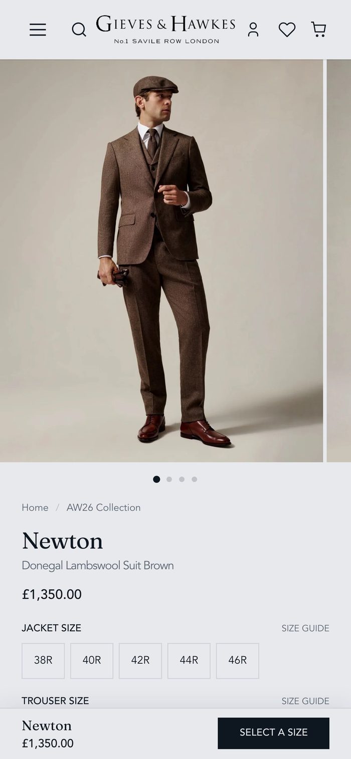 Gieves & Hawkes product page on a phone