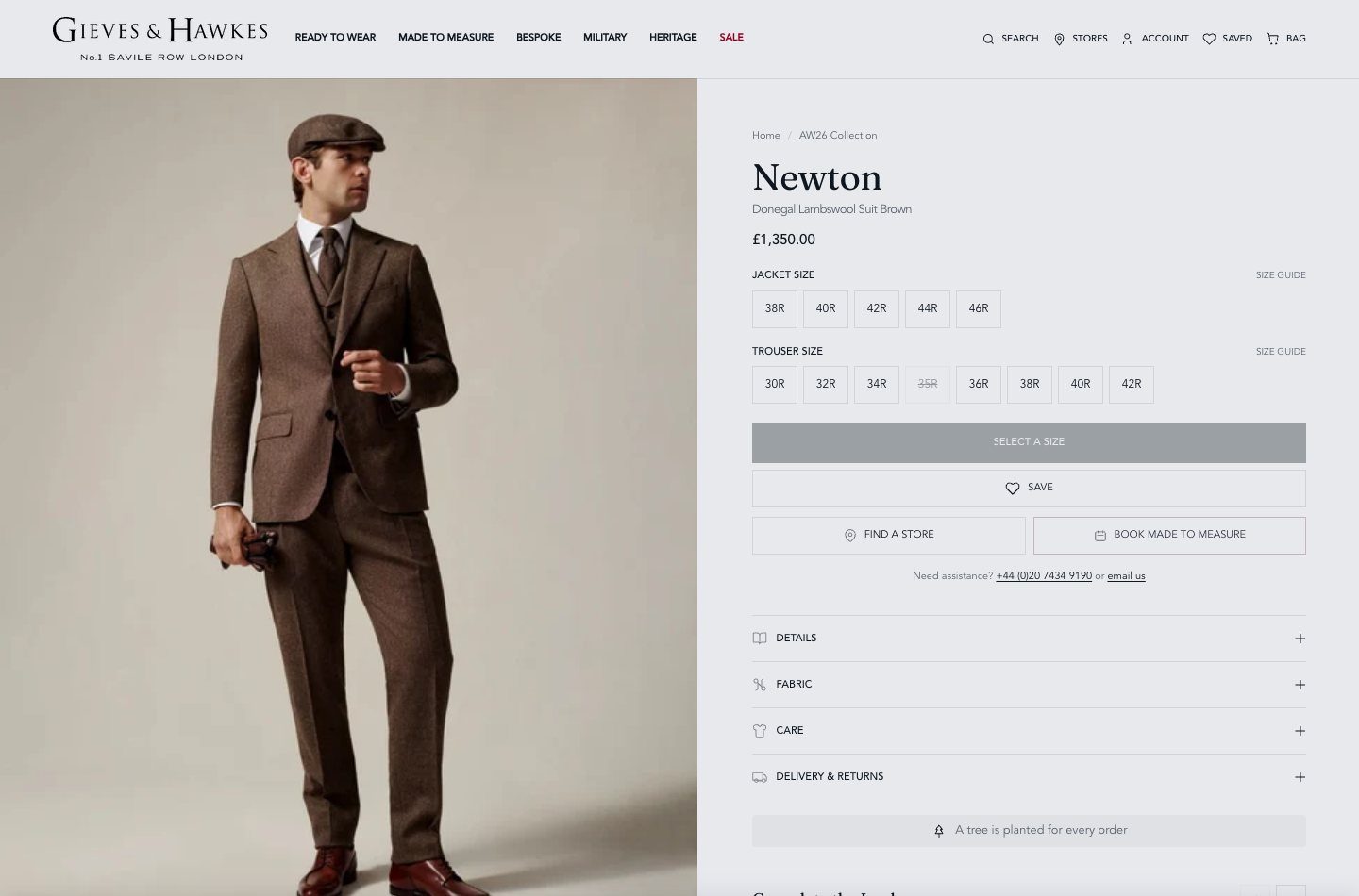 Gieves & Hawkes product page for the Newton Donegal lambswool suit