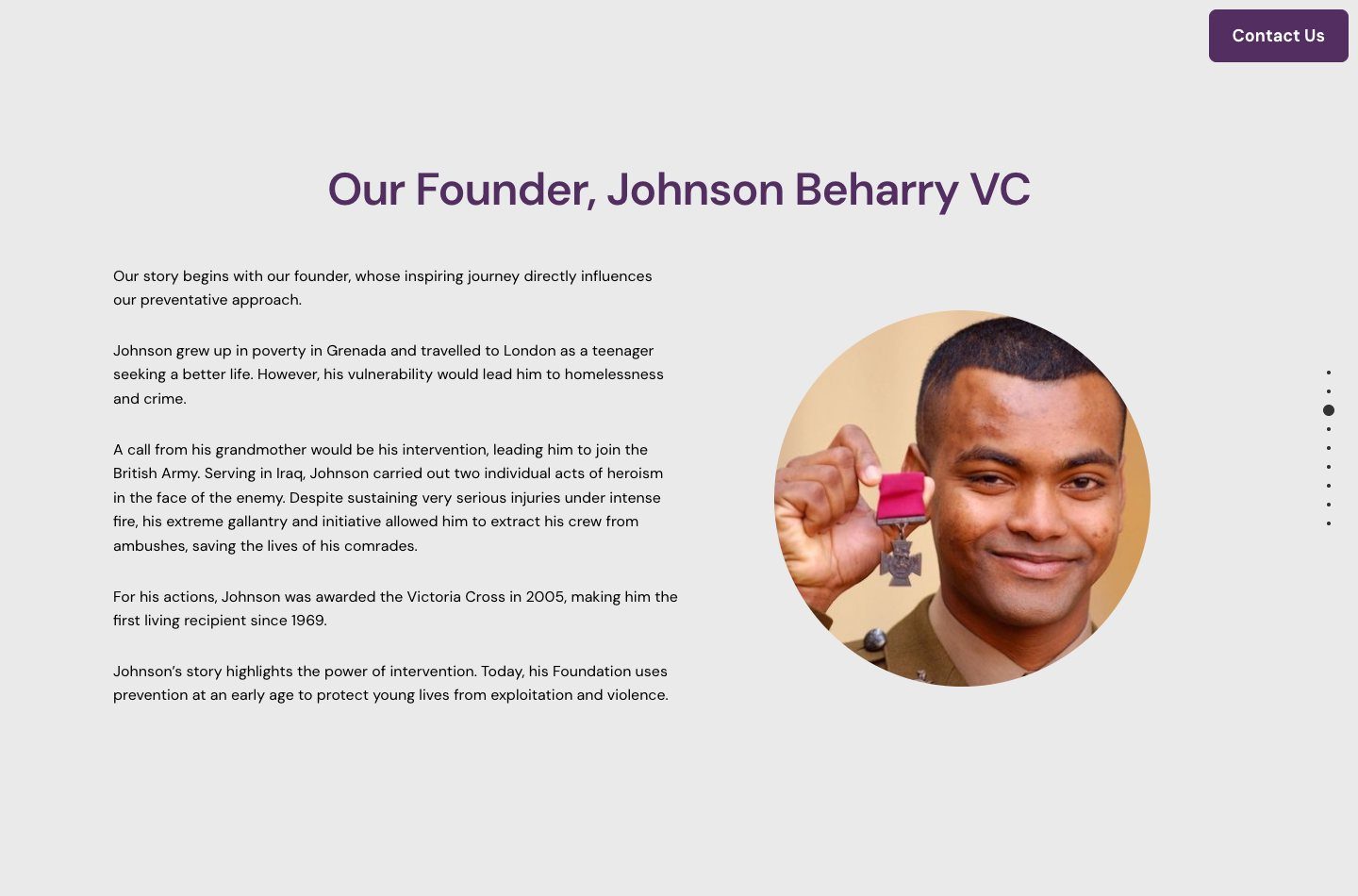 JBVC Foundation section about its founder, Johnson Beharry VC