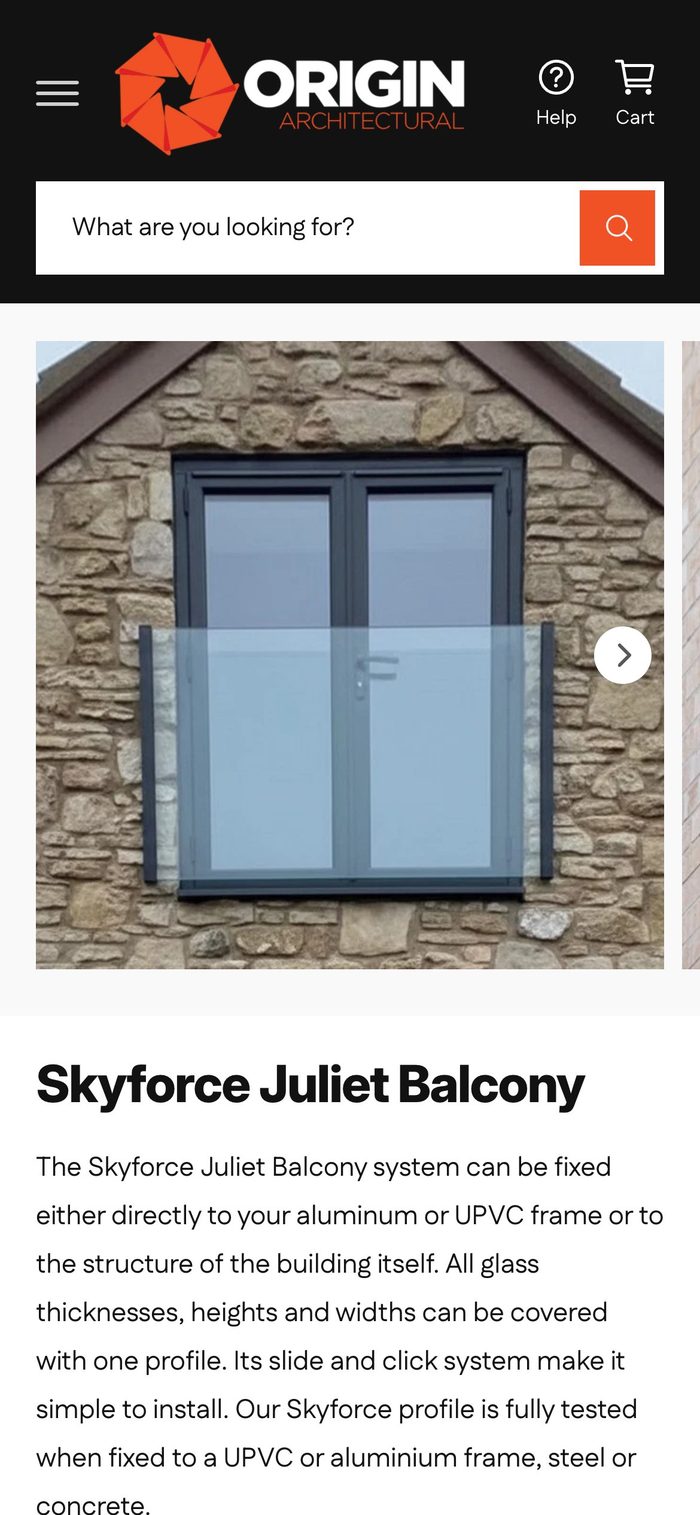 Origin Architectural Juliet balcony product page on a phone