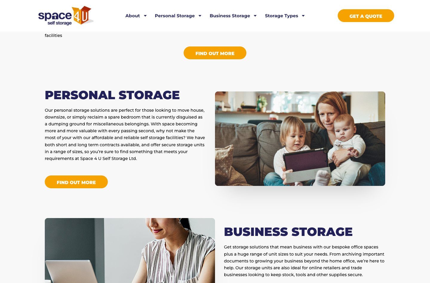 Space 4 U homepage personal and business storage sections