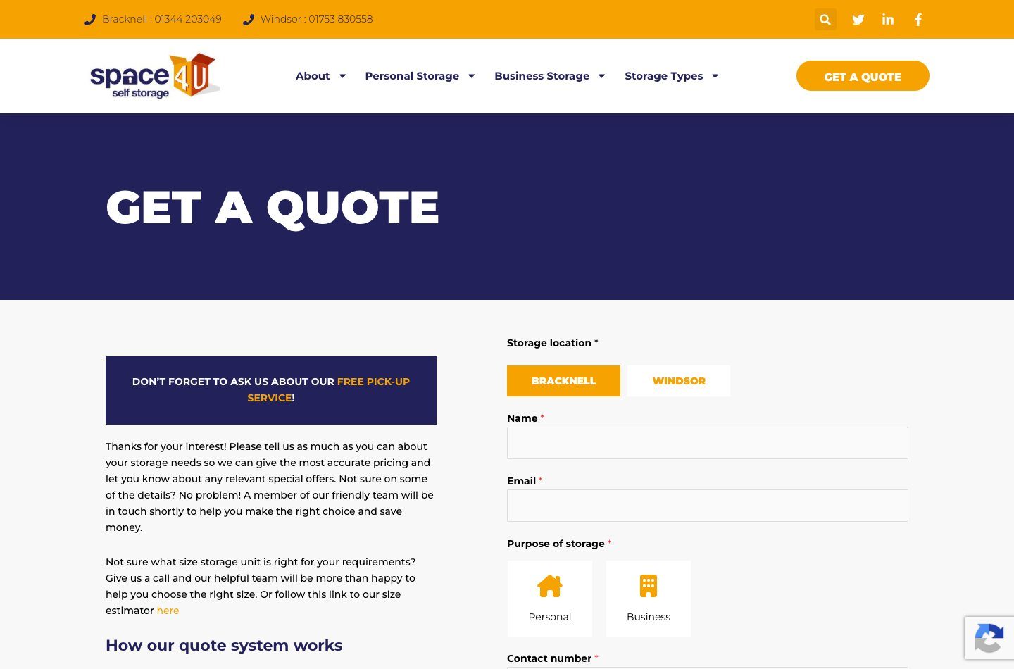Space 4 U quote request page