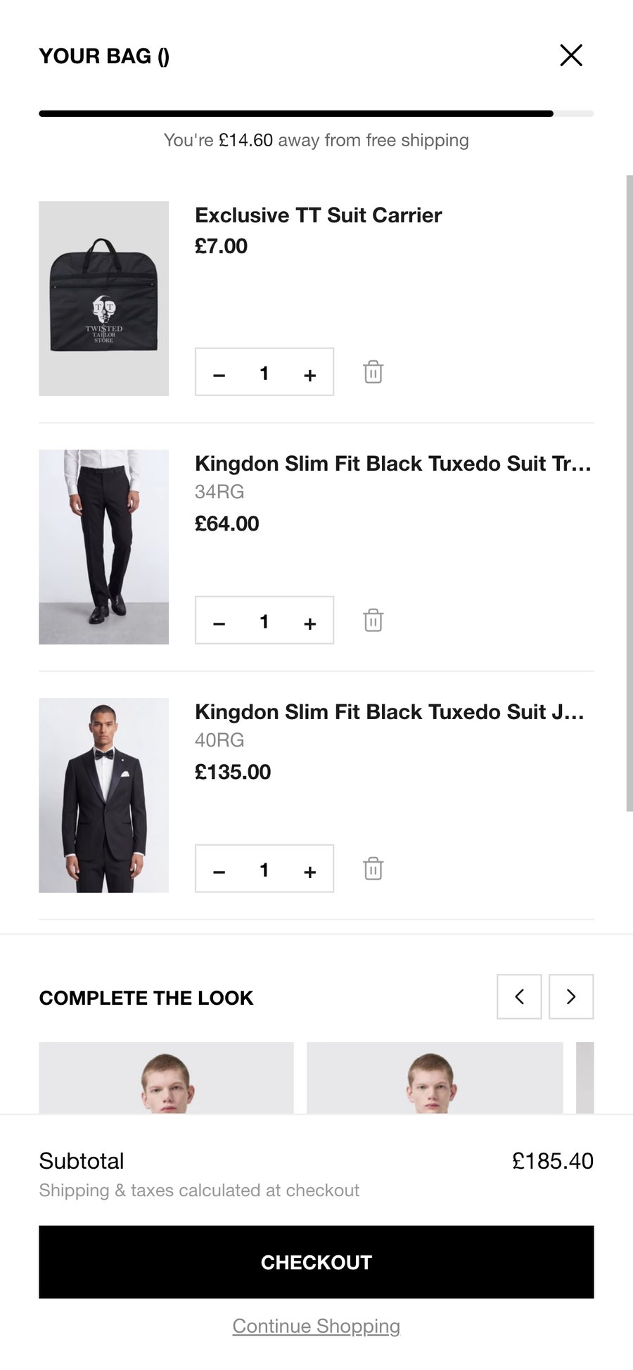 Twisted Tailor basket showing jacket, trouser and TT suit carrier