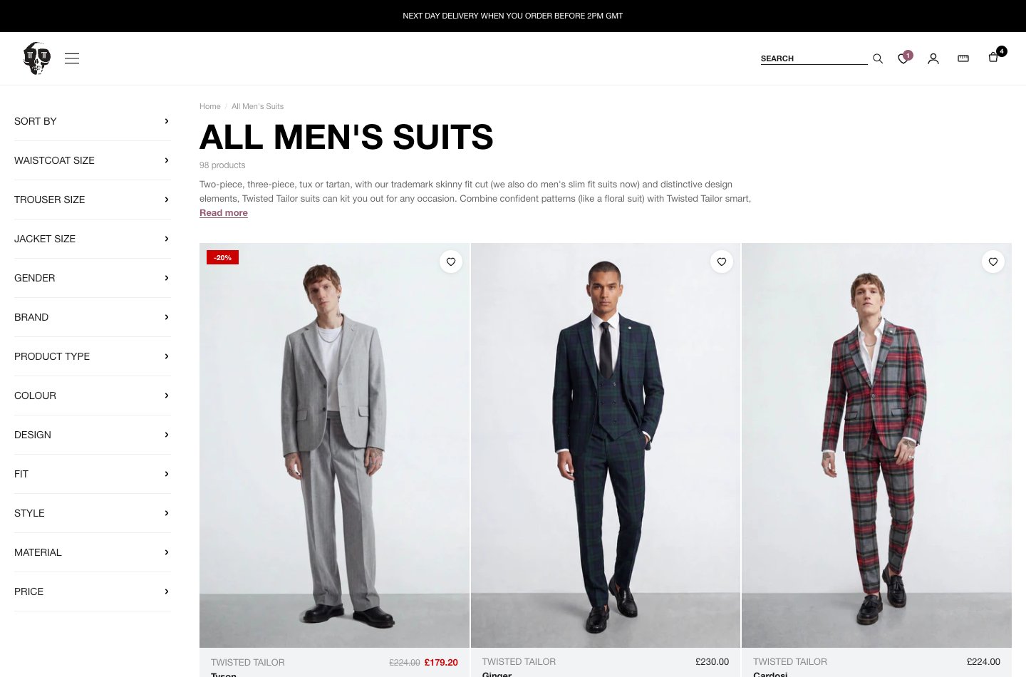Twisted Tailor product page with separate jacket and trouser size dropdowns