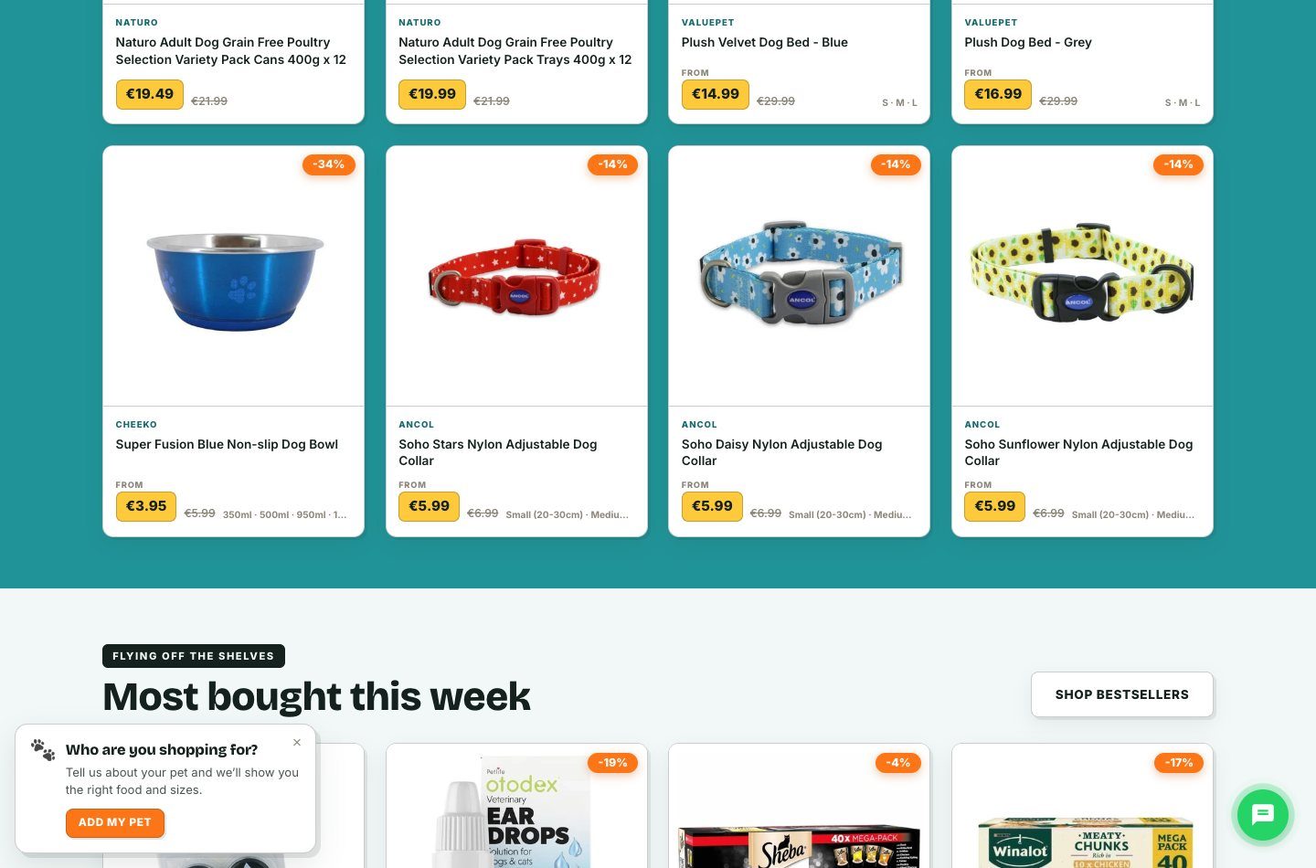 ValuePet homepage product rows and the Pet Hub prompt