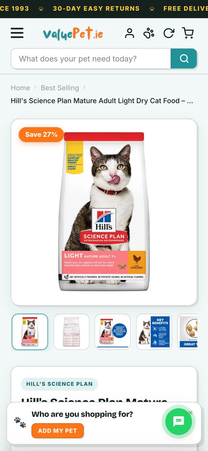 ValuePet product page on a phone