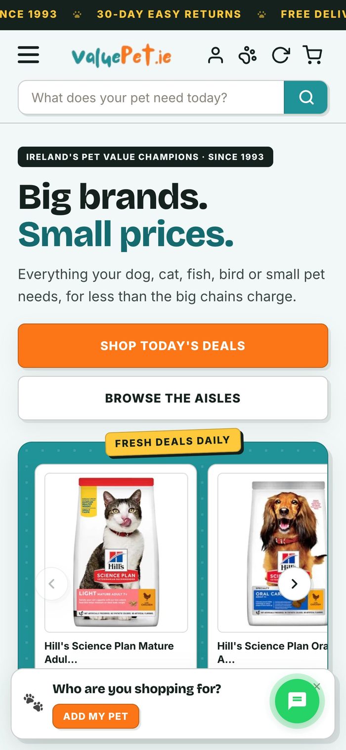 ValuePet homepage on a phone, with a personalised search bar
